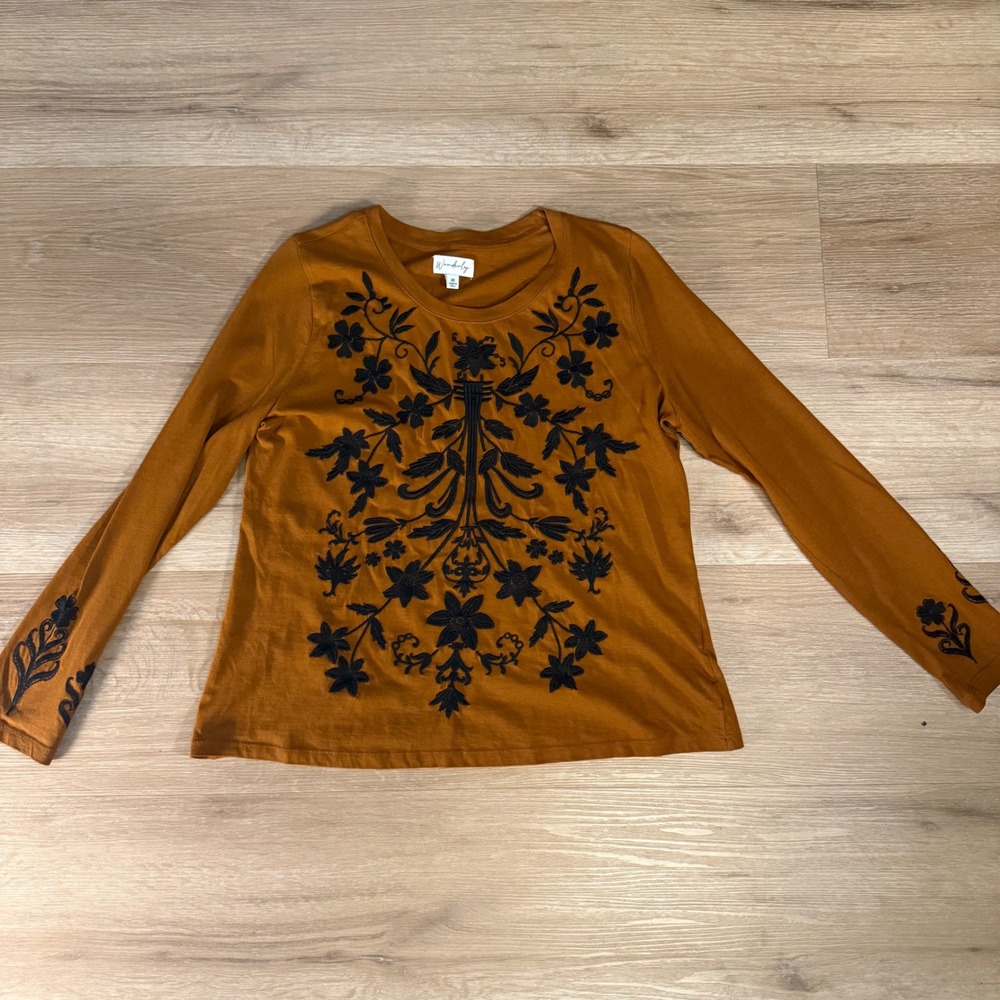 Wonderly Womens Boho Embroidered Floral Western Long Sleeve Top Burnt Orange M